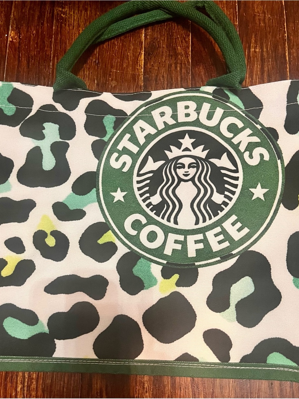 Starbucks White Canvas Tote with Green Leopard Pattern